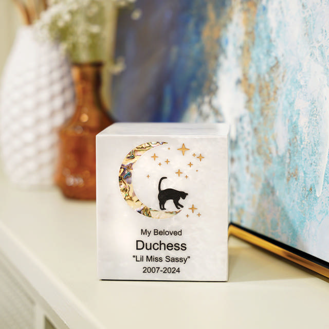 Monumental Memorials Pet Cat Moon Pink Inlay, Whte